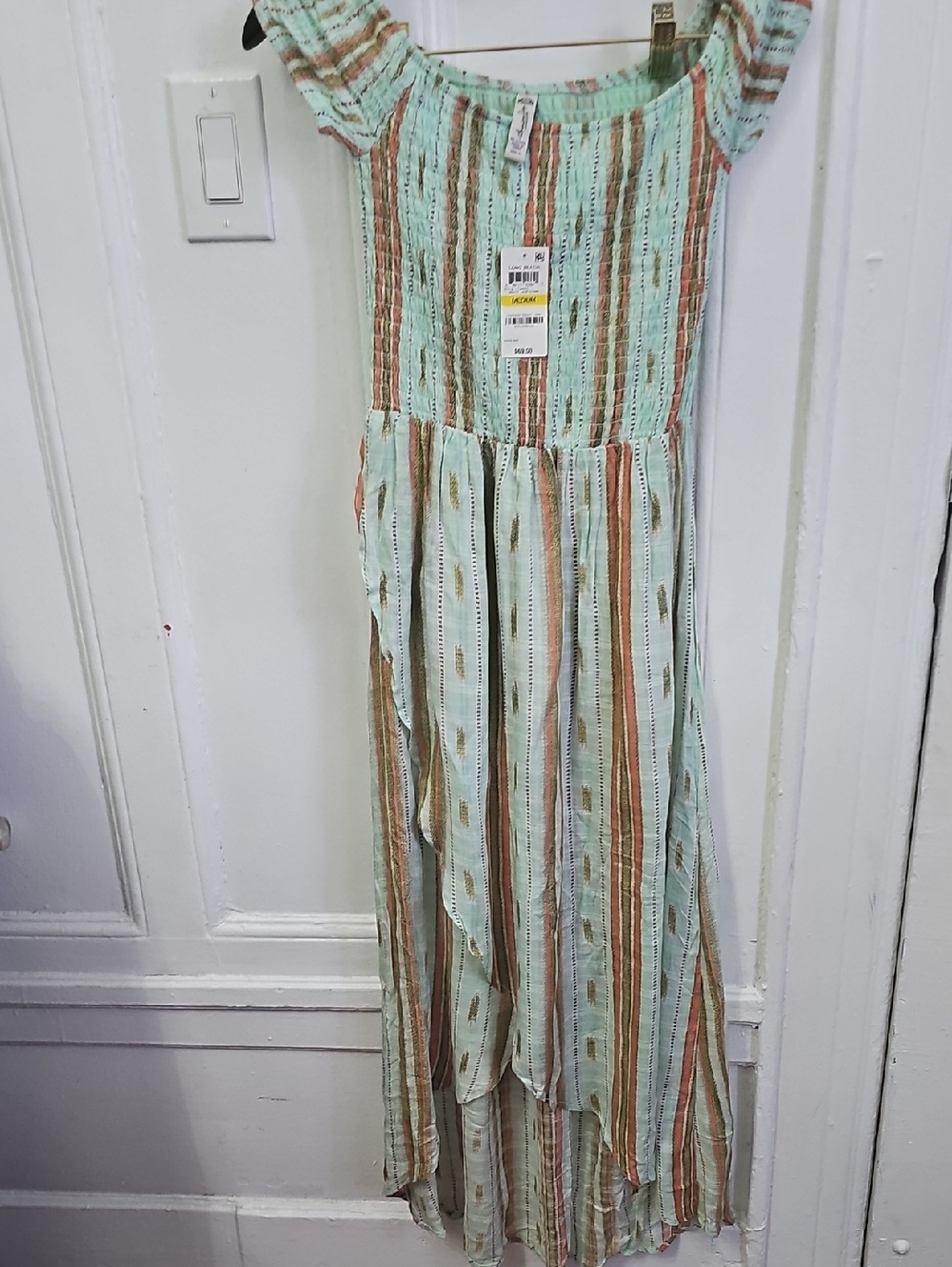 American Rag Mint, Brown & Cream Striped Off-Shoulder Maxi Dress